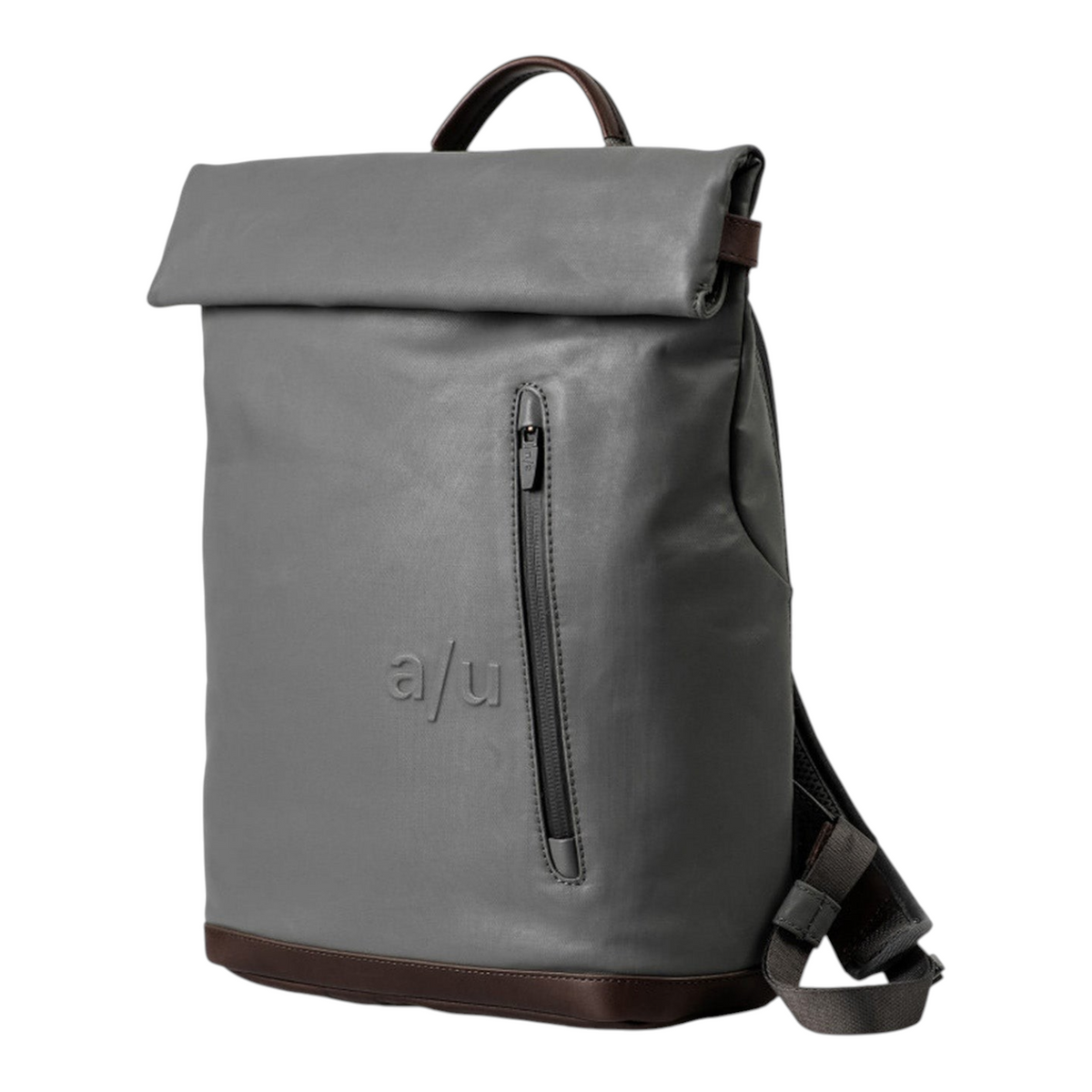 Lieblingstasche Wakayama grey roll-top backpack with brown leather accents and a front zippered pocket