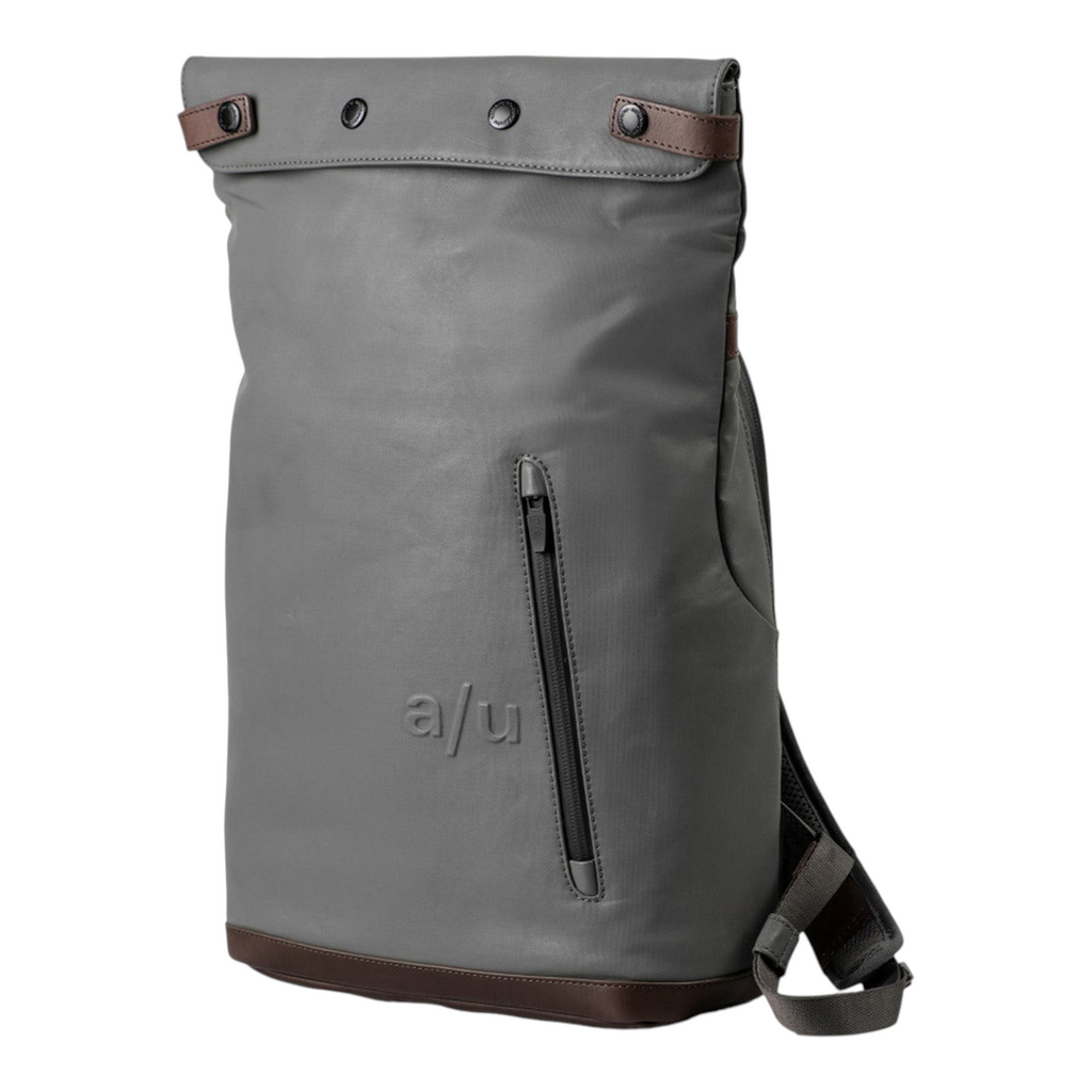 Lieblingstasche Wakayama grey rolltop backpack with brown leather accents and front zipper pocket