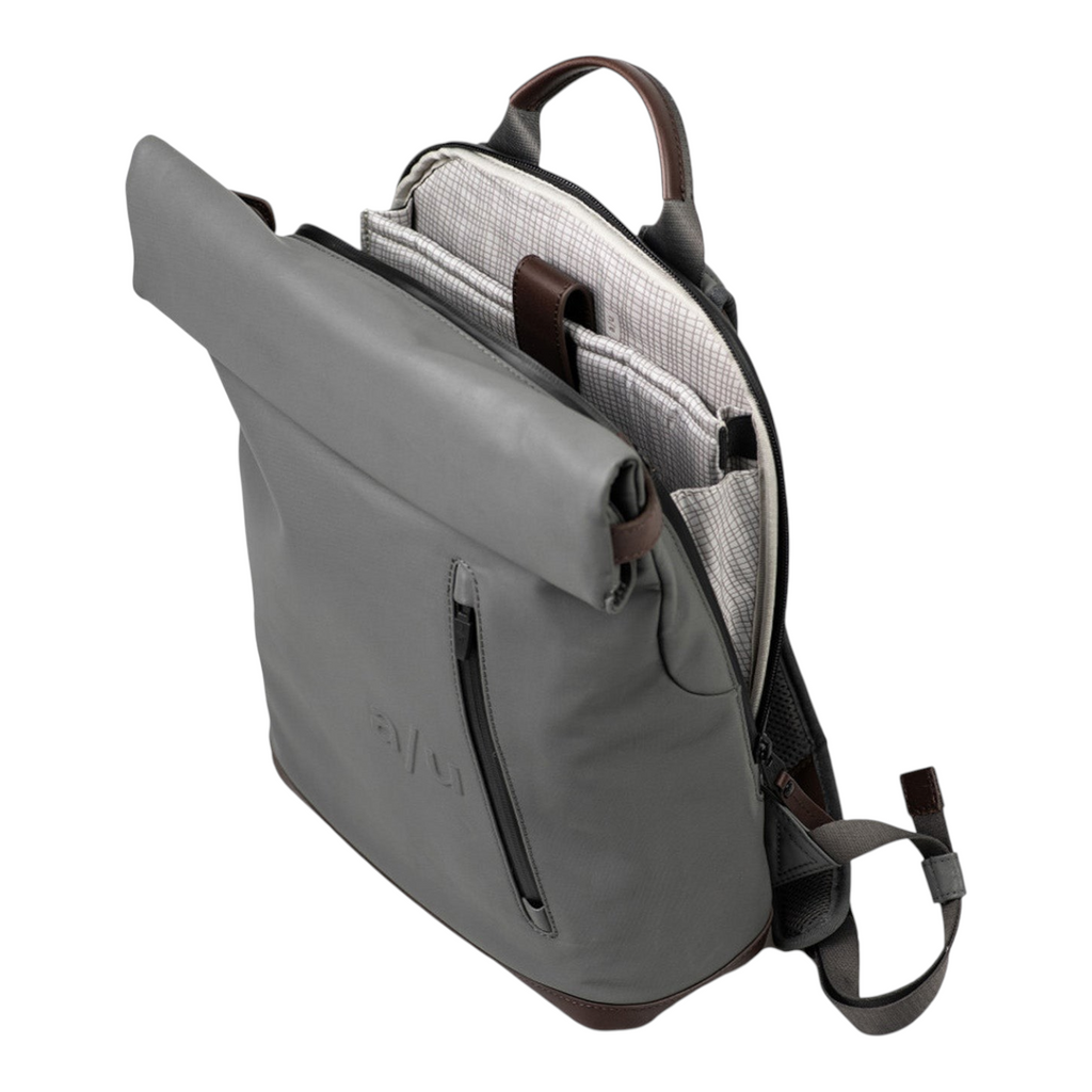 Lieblingstasche Wakayama grey rolltop backpack with brown leather accents and patterned interior lining