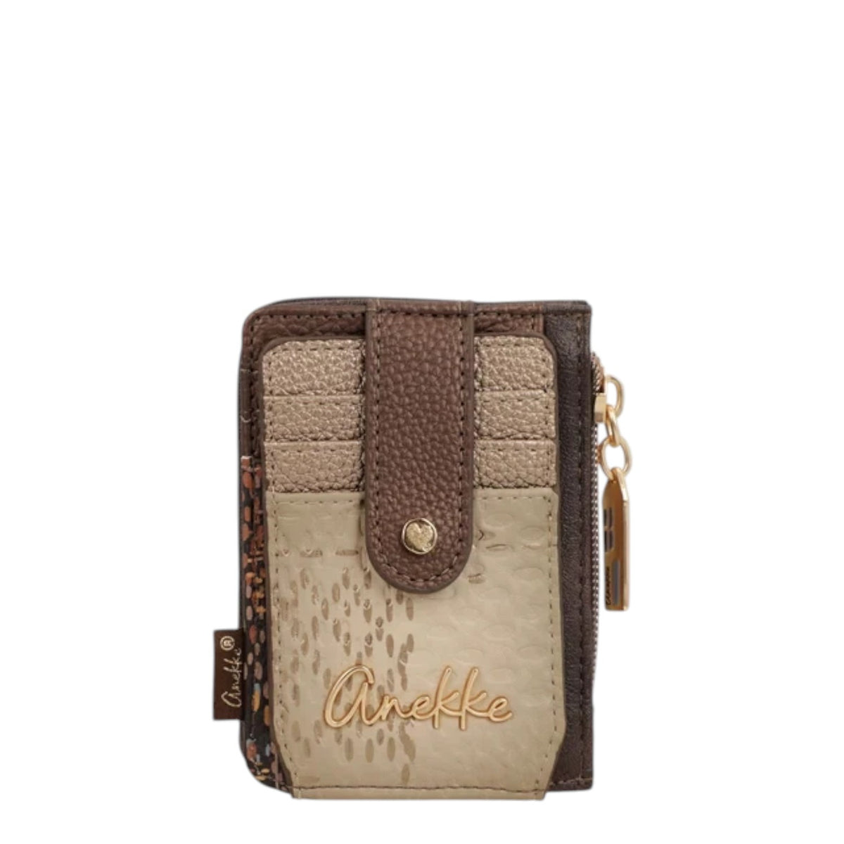 Lieblingstasche Anekke card holder in brown and beige tones with textured faux leather and gold metal logo detail