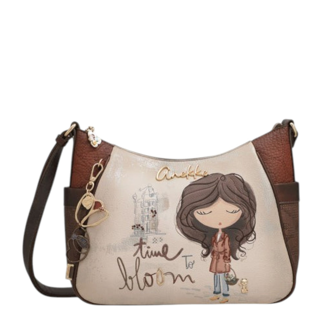 Lieblingstasche cross-body bag featuring Anekke illustration, cream and brown faux leather with decorative charms