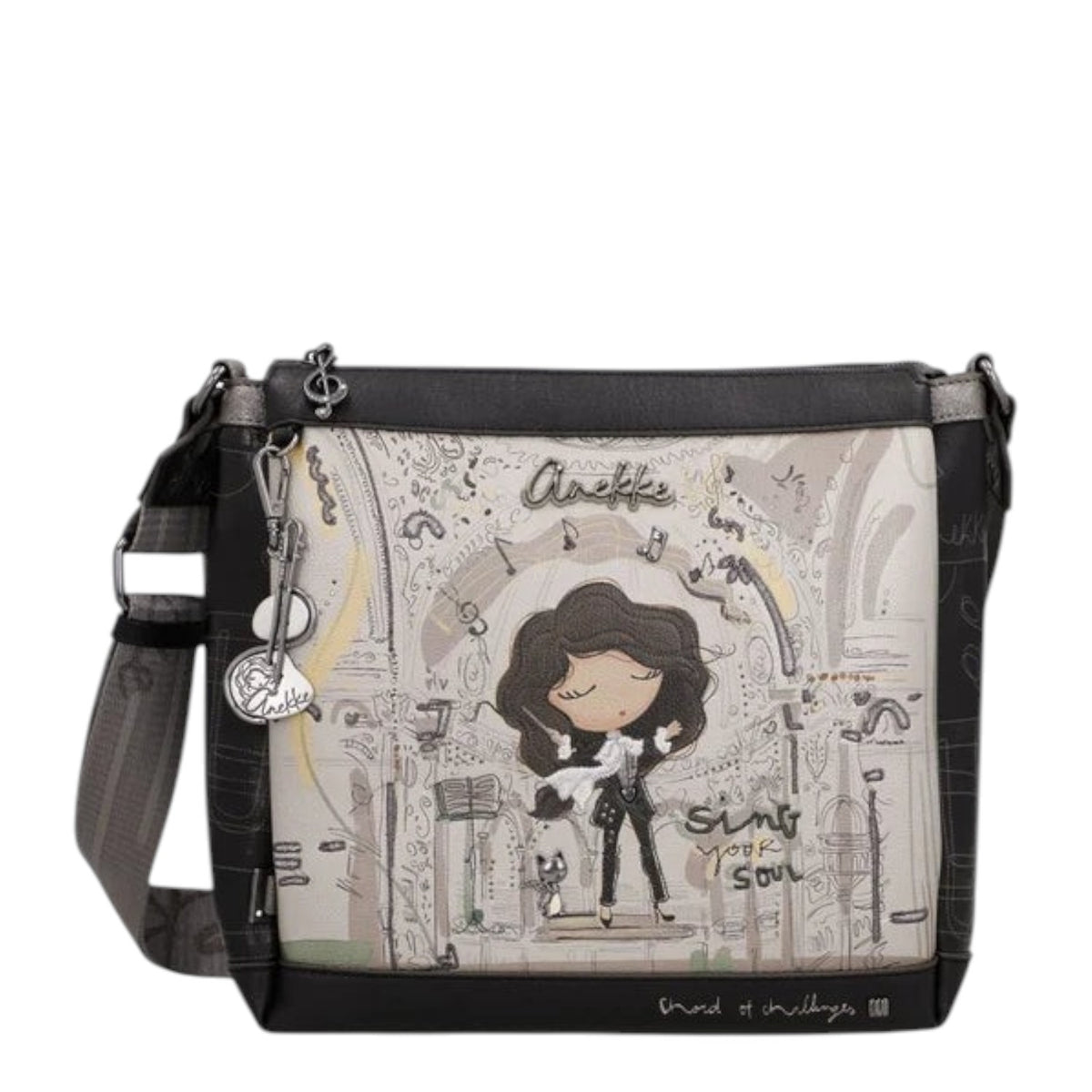 Lieblingstasche Anekke cross-body bag featuring a whimsical musical illustration, black trim, and adjustable strap.