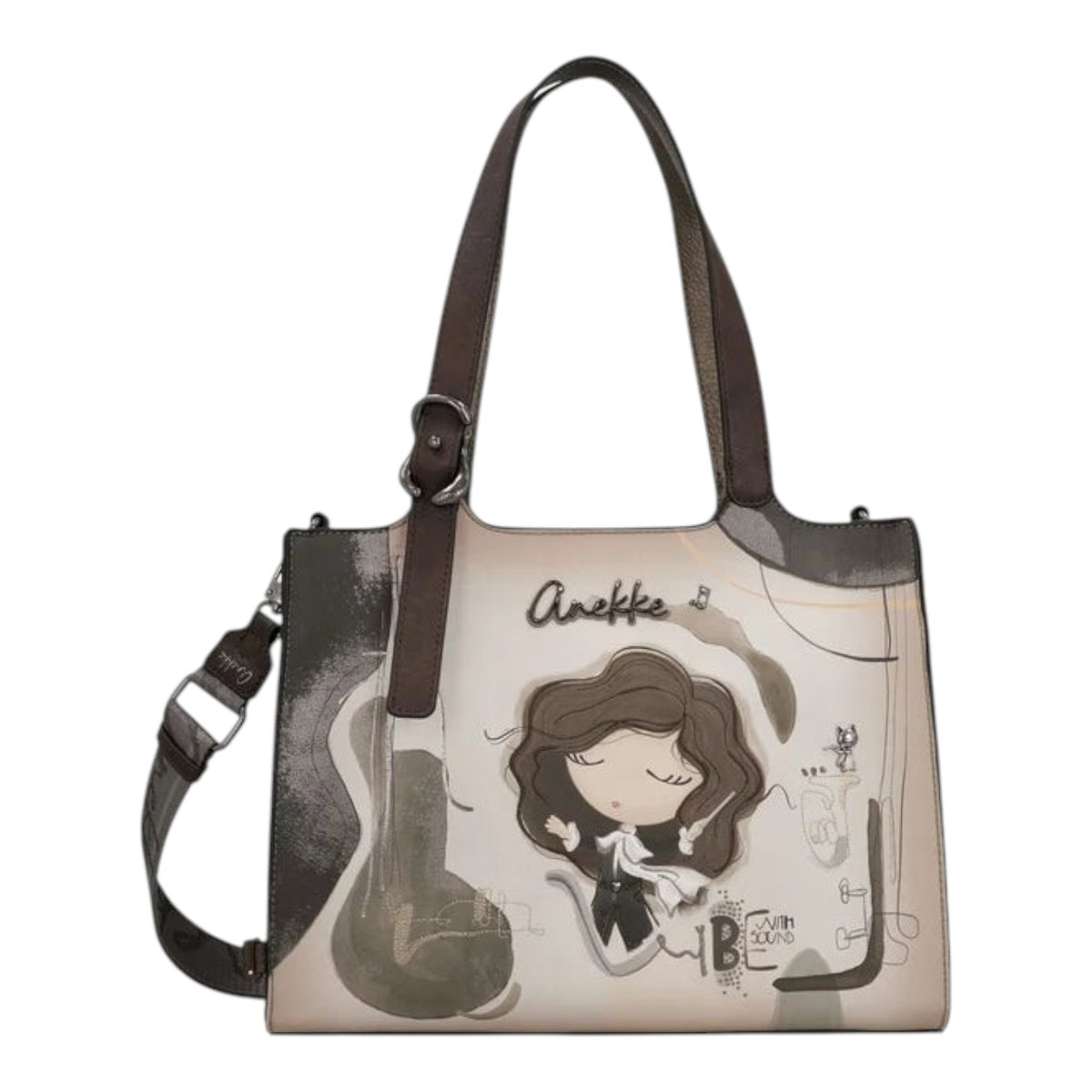 Lieblingstasche shoulder bag featuring Anekke illustration with musical motifs in neutral brown and cream tones