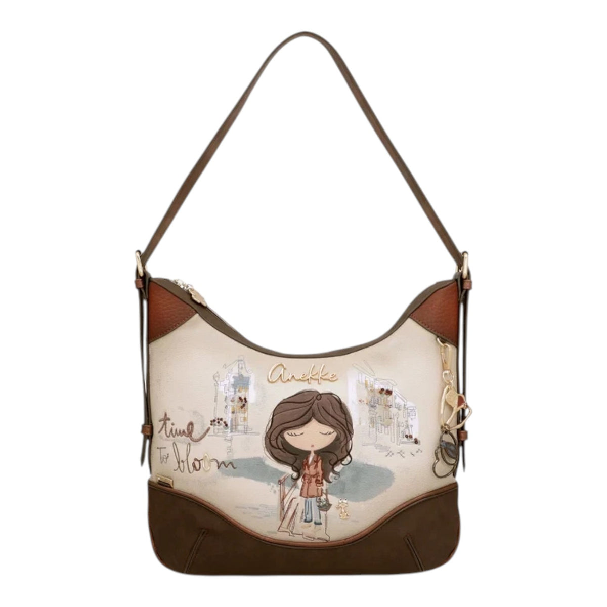 Lieblingstasche shoulder bag featuring Anekke illustration, cream and brown faux leather with decorative charm