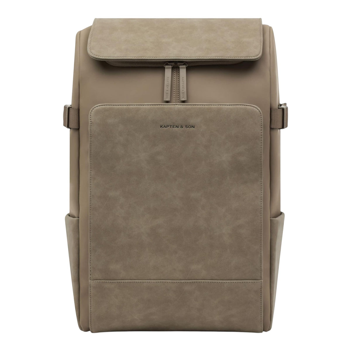 Lieblingstasche Bali Pro taupe faux leather backpack with front zip pocket and side pockets.