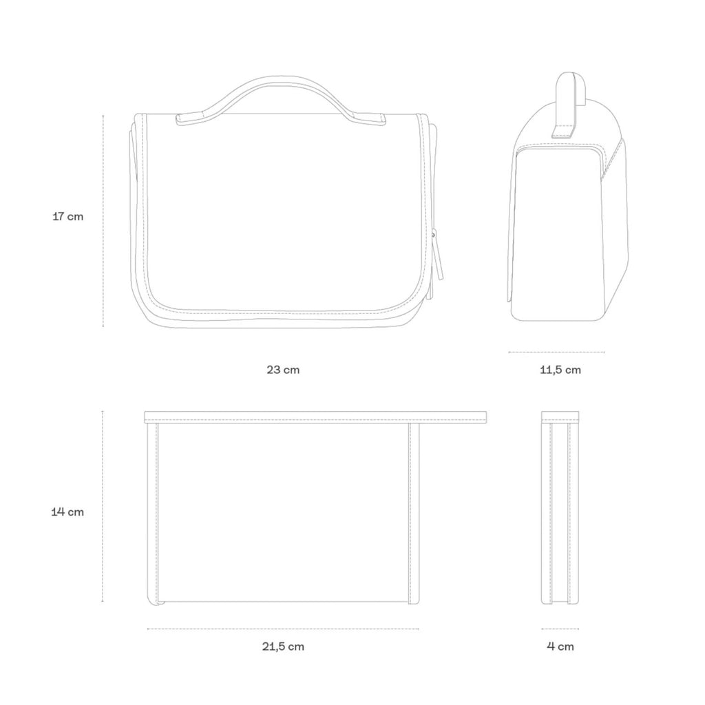 Lieblingstasche Bali washbag technical line drawing showing dimensions for the main bag and flat pouch
