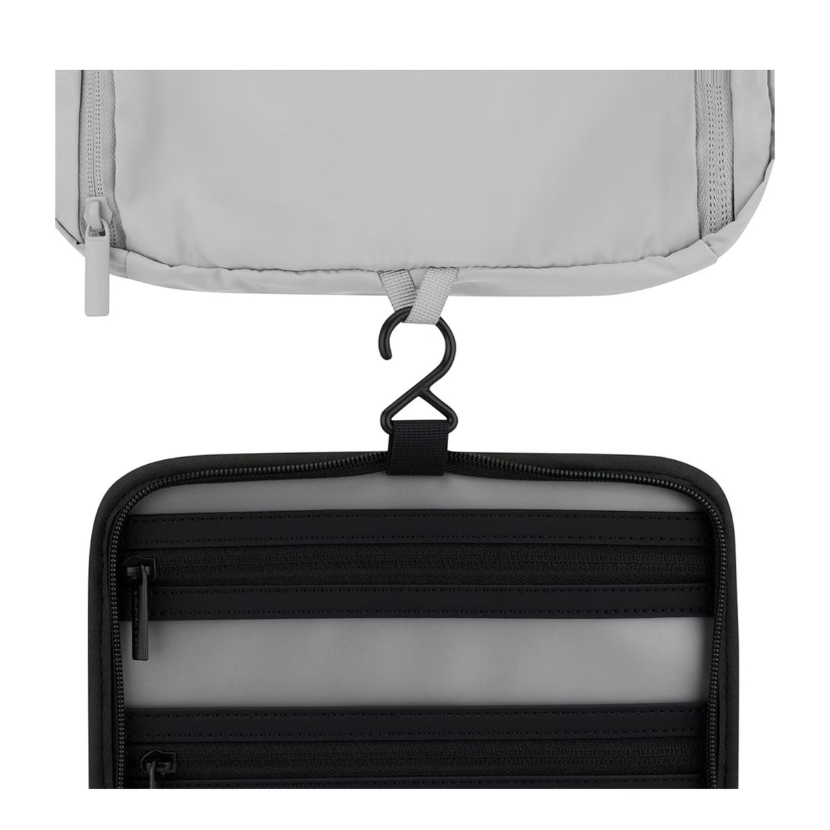 Lieblingstasche Bali washbag featuring a hanging hook, black zippered compartments, and a light grey exterior.