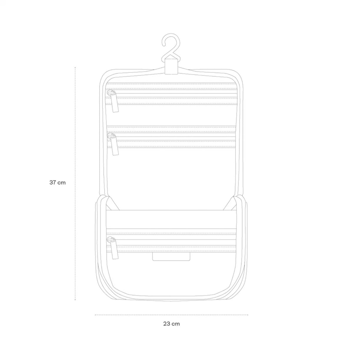 Lieblingstasche Bali washbag technical line drawing showing dimensions, hanging hook, and multiple zippered pockets.