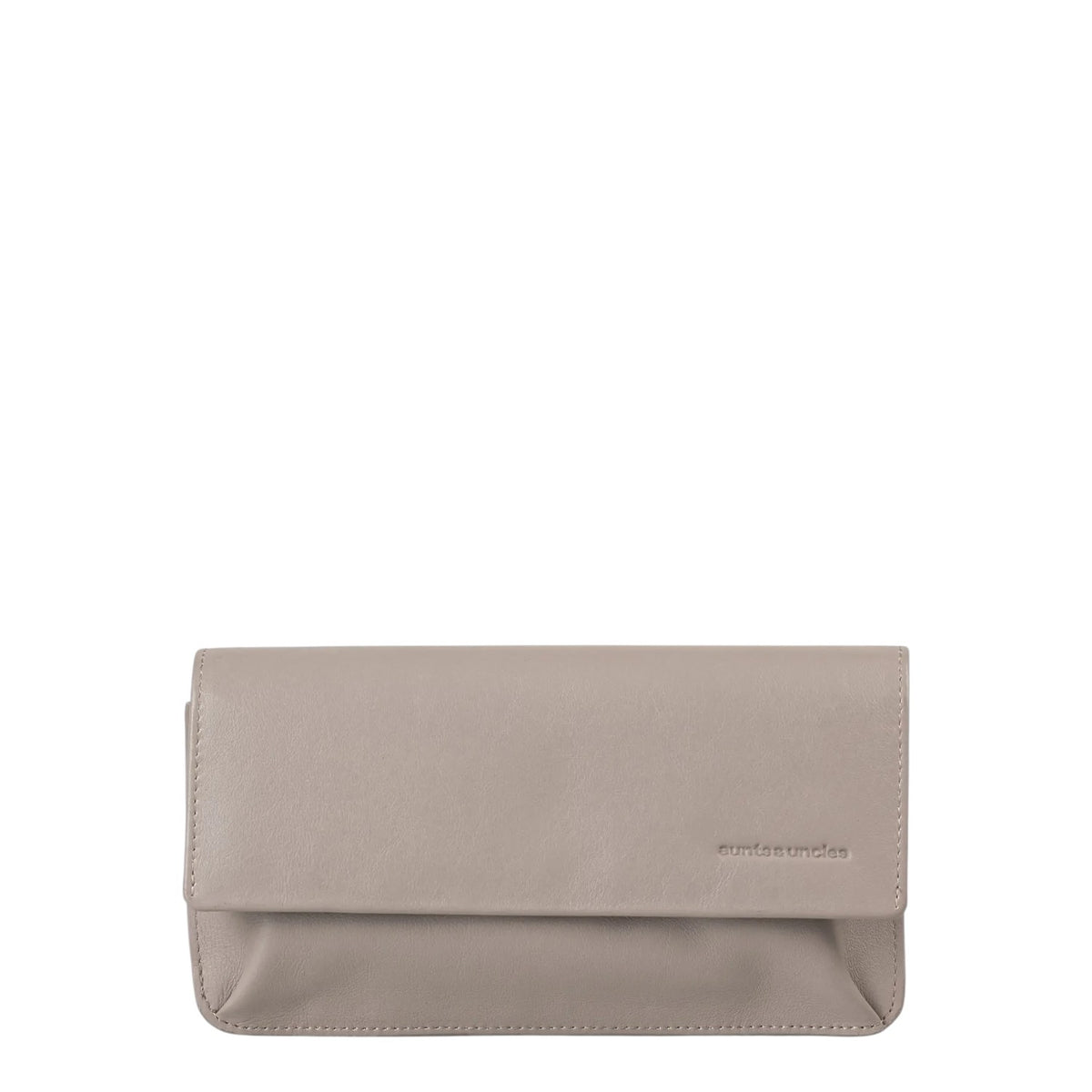 Lieblingstasche Bay taupe leather clutch bag with a minimalist flap design and embossed logo detail