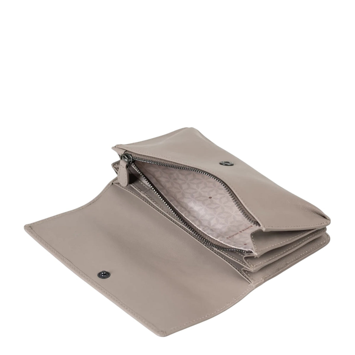 Lieblingstasche Bay taupe leather wallet with open flap, interior zipper pocket, and patterned lining