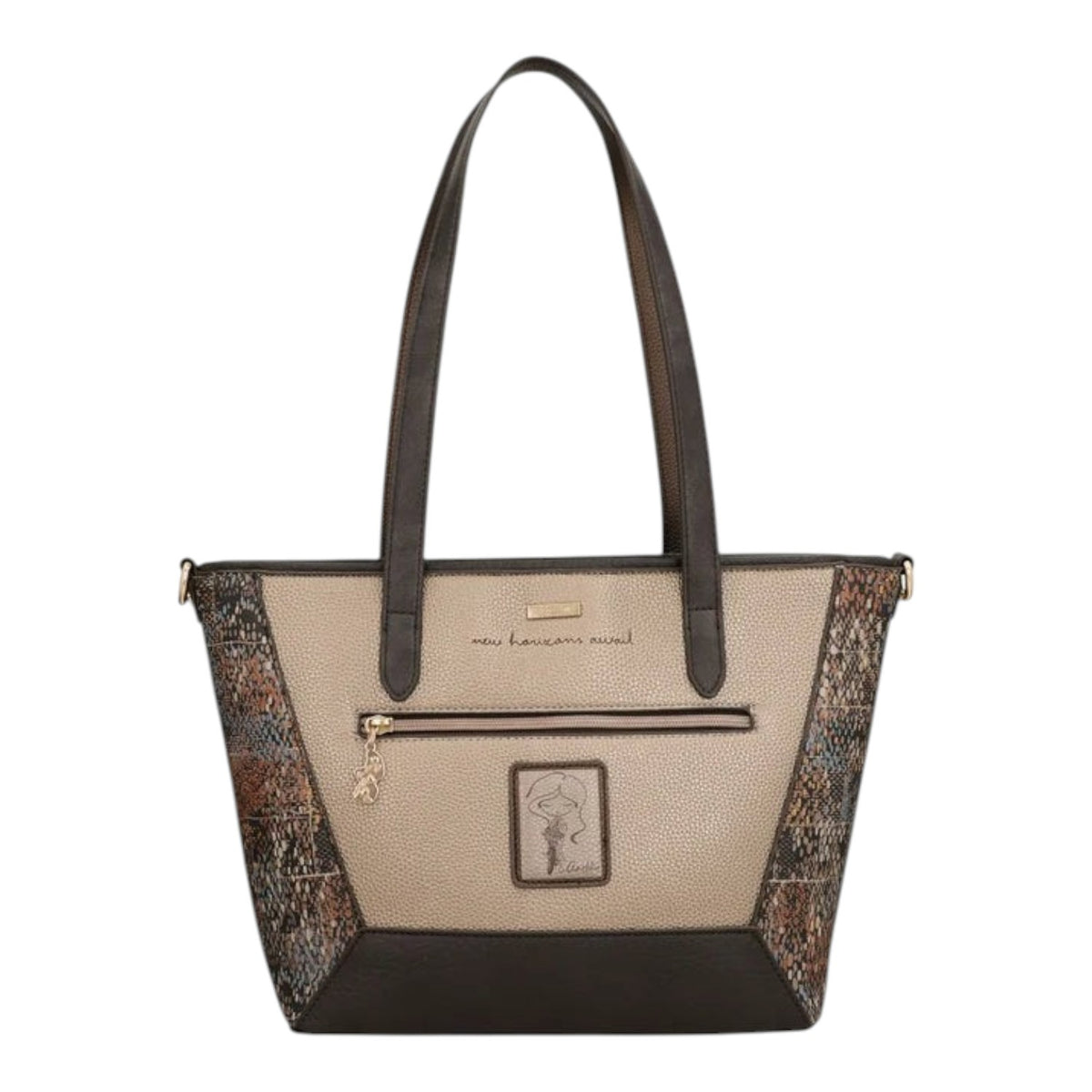 Lieblingstasche shoulder bag in beige and dark brown with patterned side panels and gold-tone hardware details.