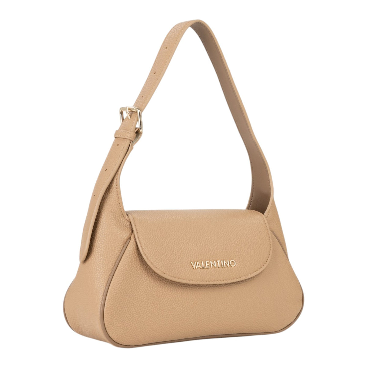 Lieblingstasche Flap Bag Daphne Re in beige pebbled leather with gold hardware and adjustable strap.