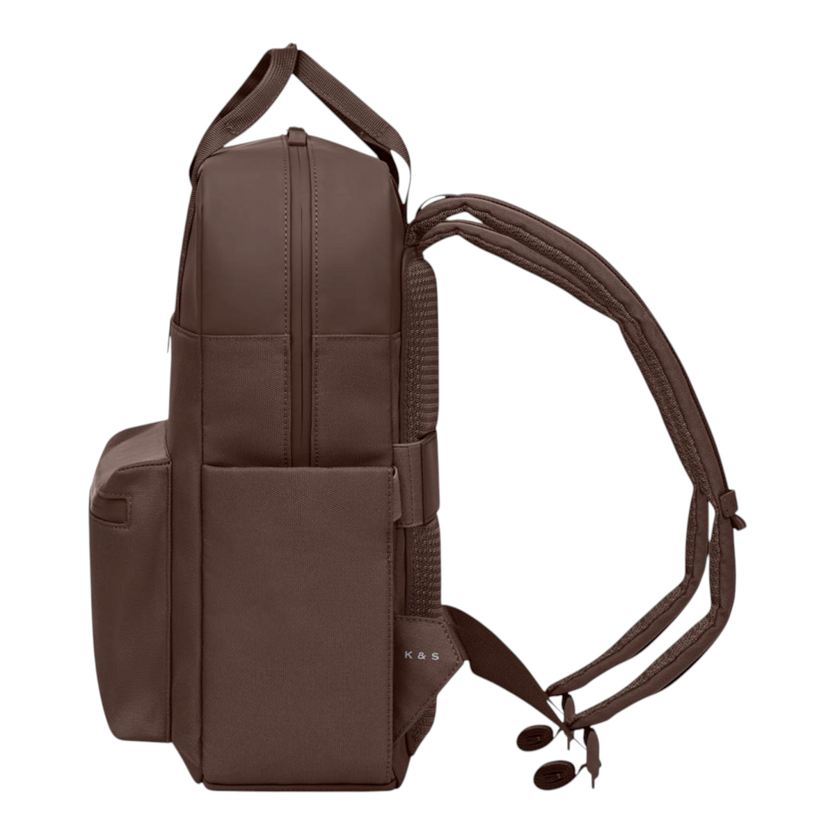 Lieblingstasche Bergen Pro brown backpack with top handles and padded shoulder straps, side view