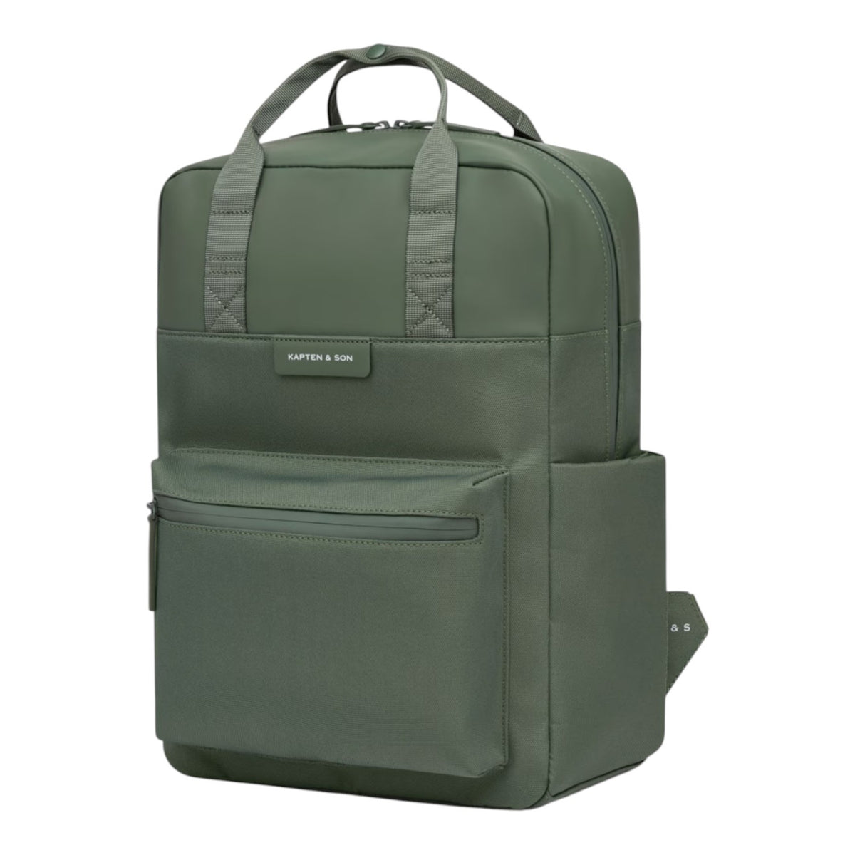 Lieblingstasche Bergen Pro backpack in olive green with a minimalist design, top handles, and front zip pocket.