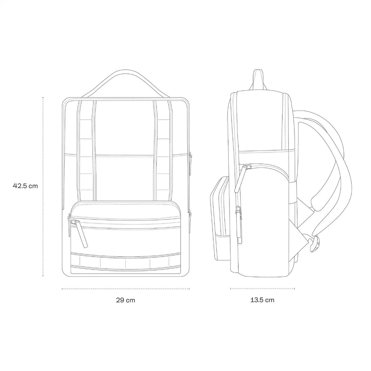 Lieblingstasche Bergen Ultra backpack technical line drawing showing front and side dimensions