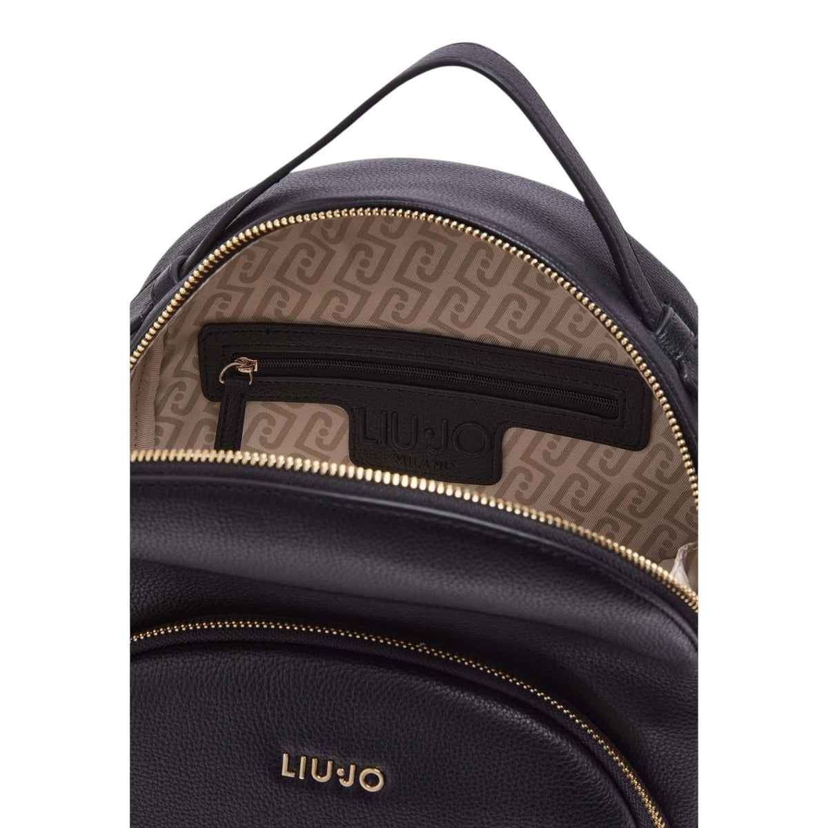 Lieblingstasche ECS Backpack M in black with gold zipper details and branded interior lining