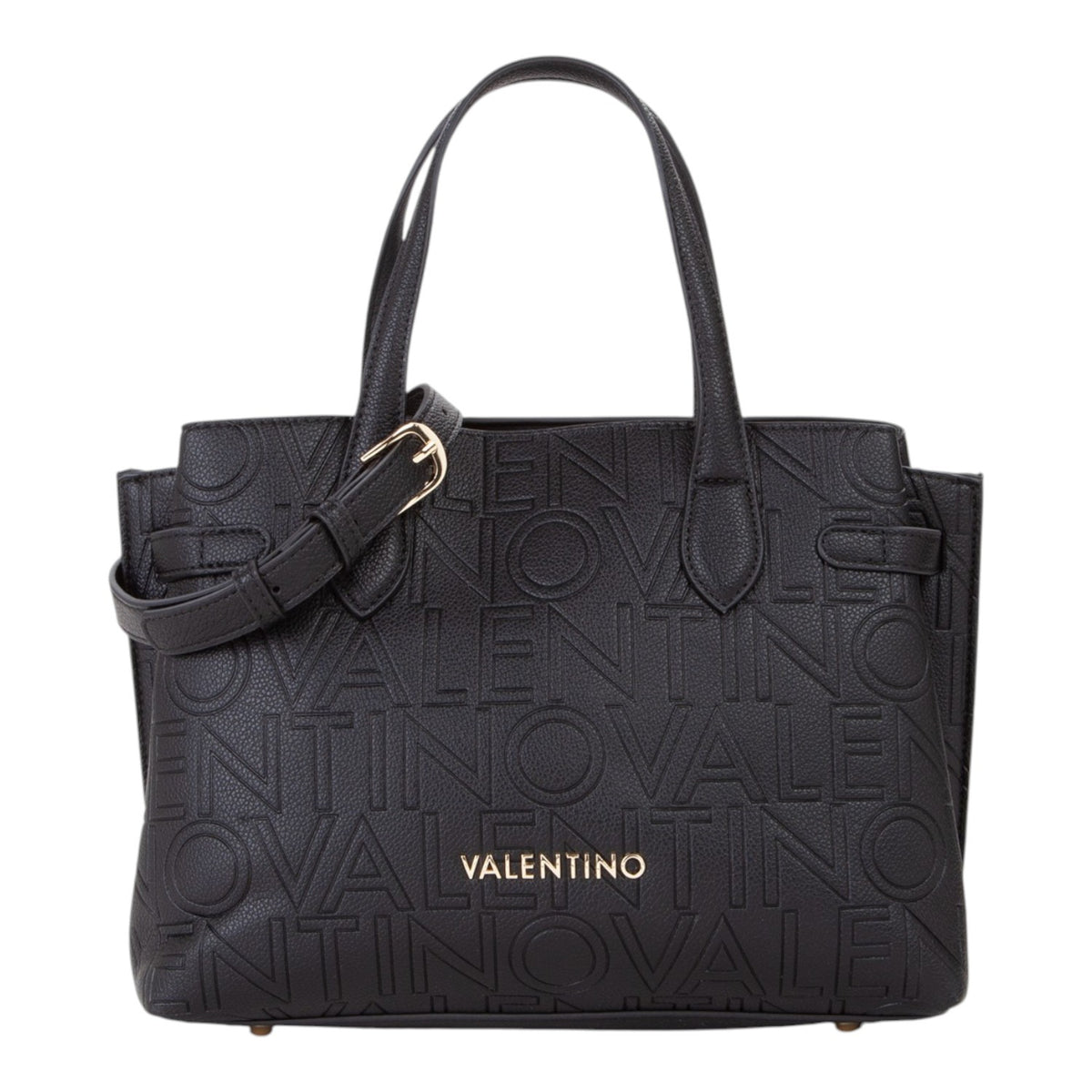 Lieblingstasche black embossed logo tote bag with gold hardware and top handles.