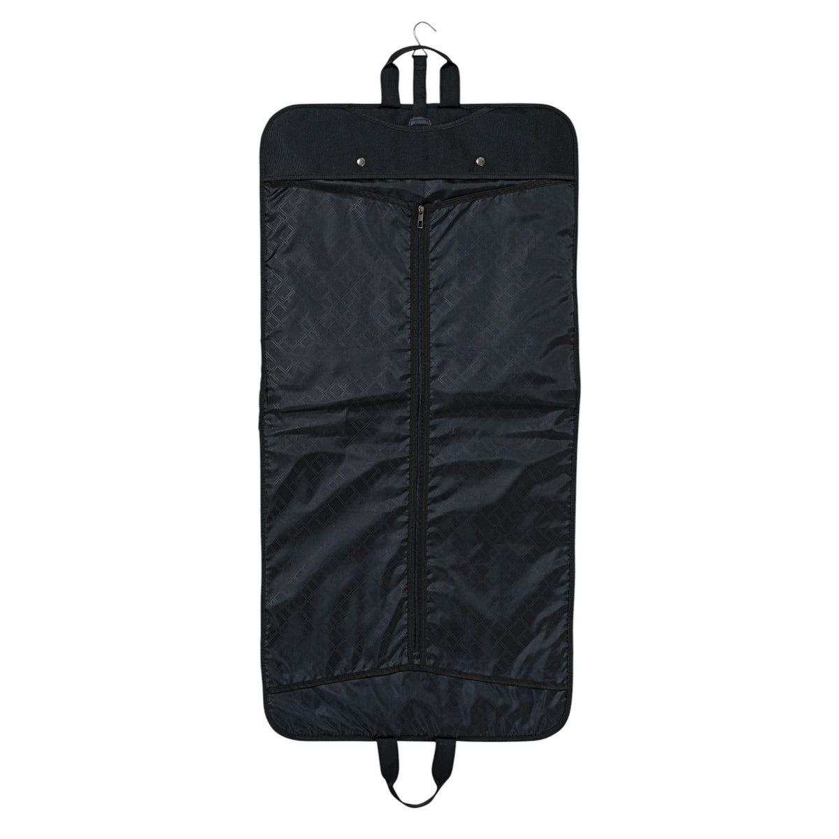 Lieblingstasche black garment bag with subtle patterned interior, full-length zipper, and carrying handles.