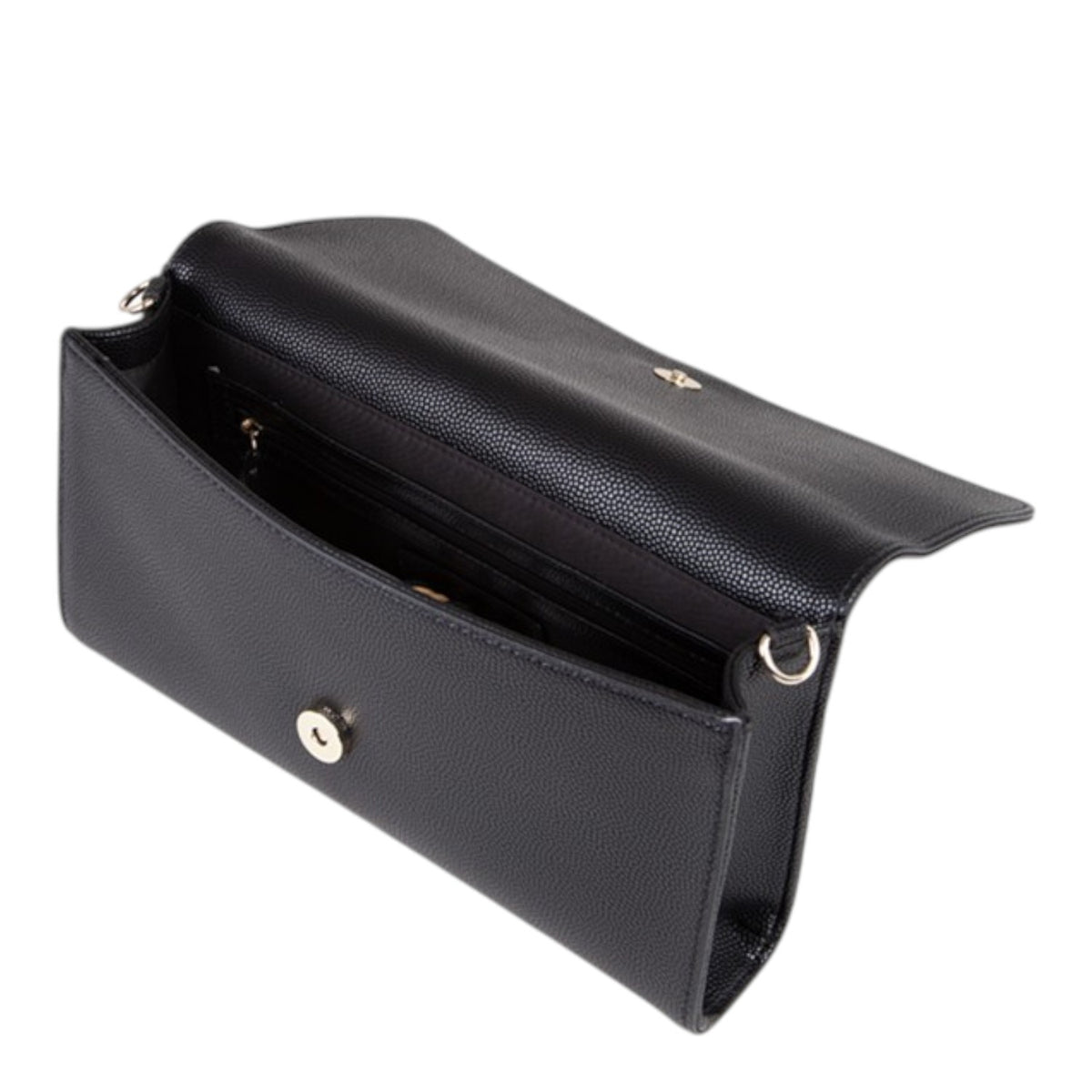 Lieblingstasche black pebbled leather Pochette Divina clutch with gold hardware, open to show interior.