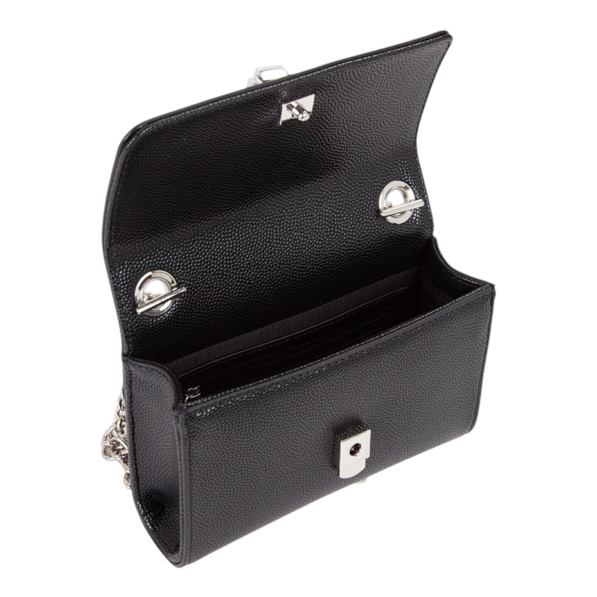 Lieblingstasche black pebbled leather Pochette Divina crossbody bag with silver hardware and chain strap.
