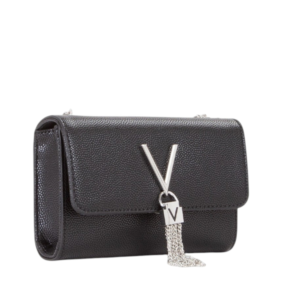 Lieblingstasche black pebbled leather pochette with silver V logo and chain tassel detail