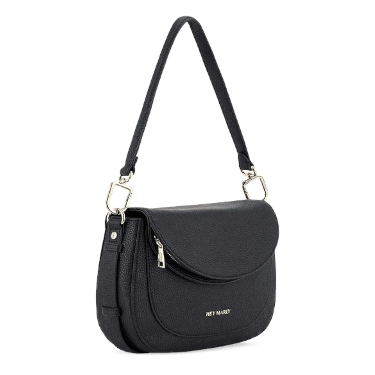 Lieblingstasche Big Sister black pebbled leather shoulder bag with a curved flap and silver hardware