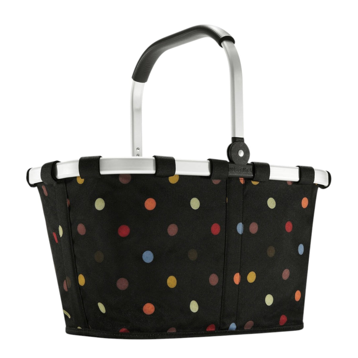 Lieblingstasche Carrybag in black with a colourful polka dot pattern and a sturdy silver aluminium handle.