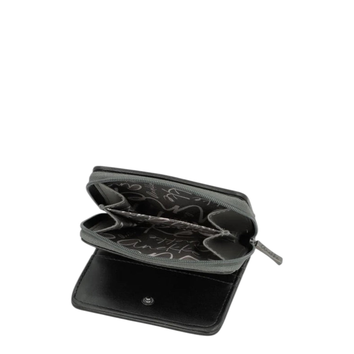 Lieblingstasche black wallet with a grey zippered compartment and patterned interior lining