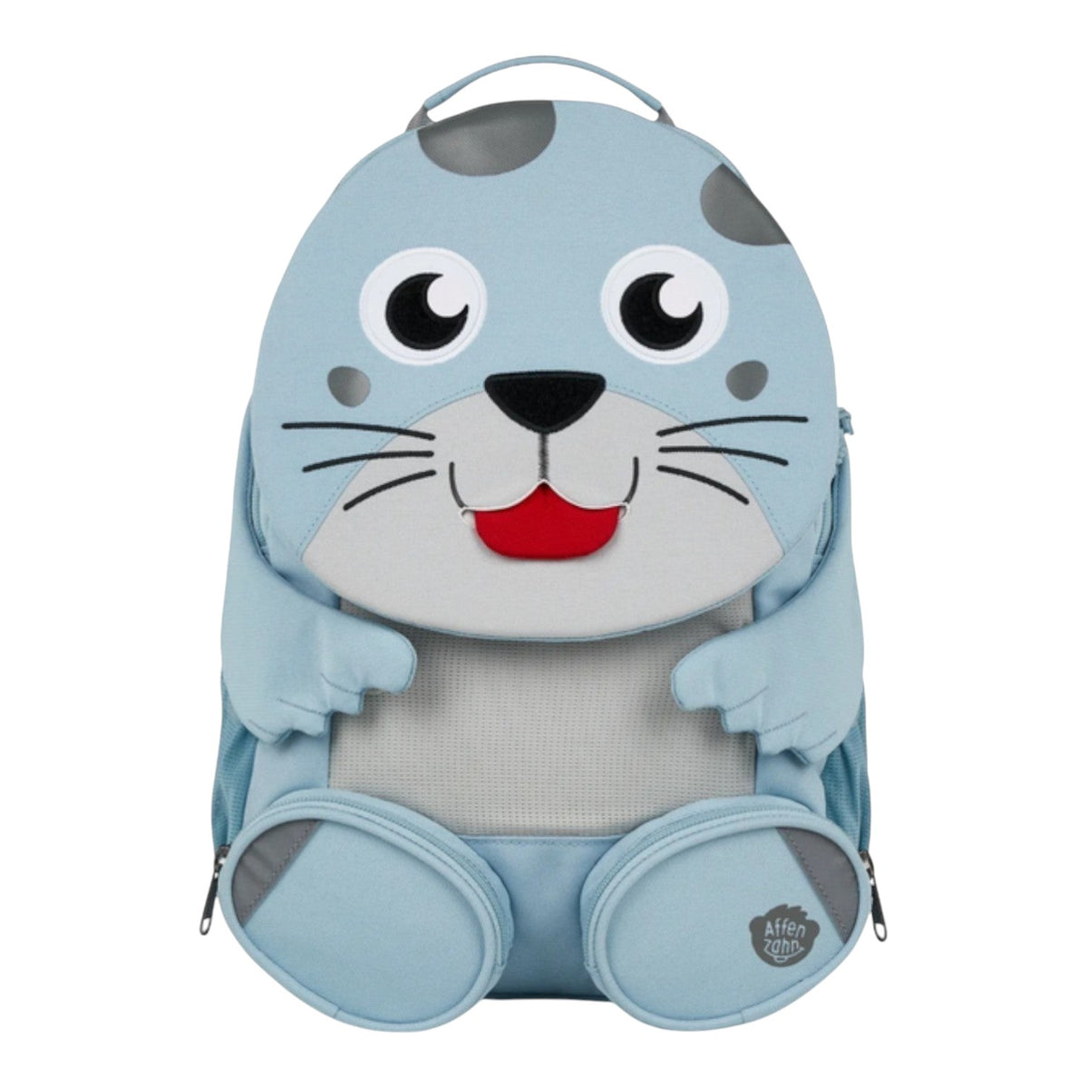Lieblingstasche blue seal backpack with grey spots, mesh back panel, and two zippered pockets.