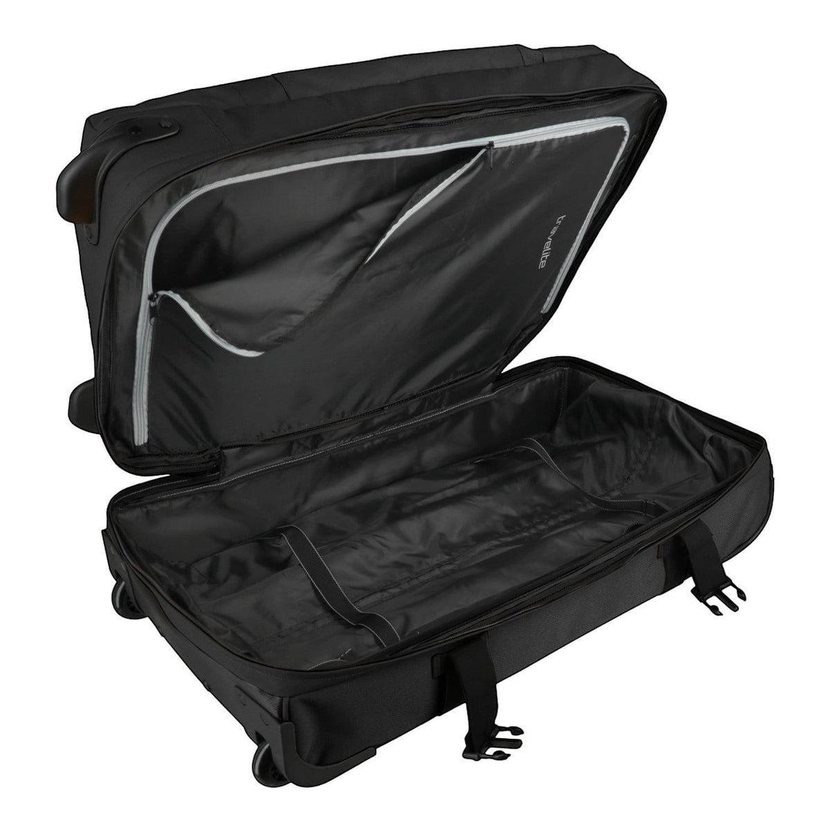 Lieblingstasche BOLONIA L black wheeled travel bag, open to show spacious interior with internal pockets and straps.