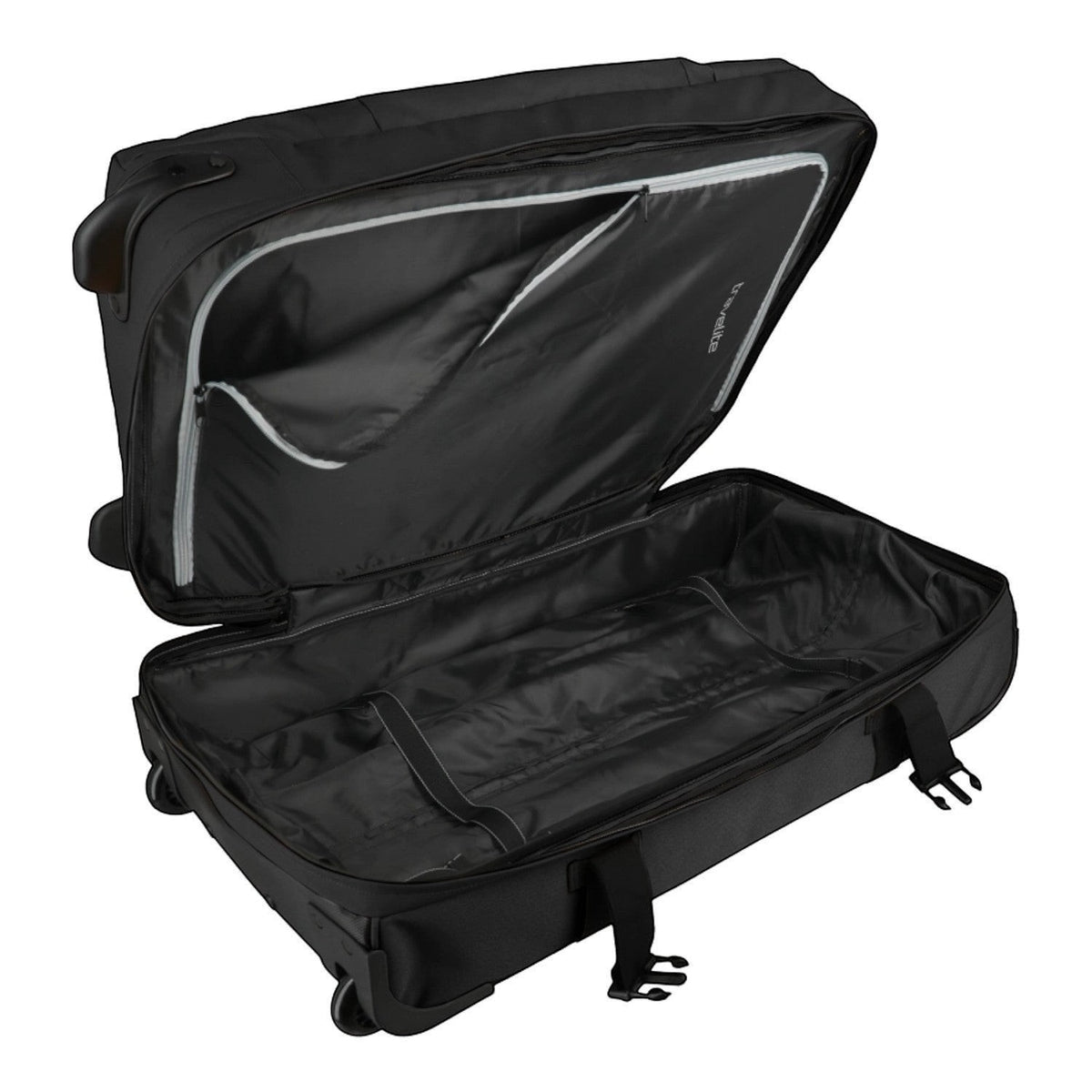 Lieblingstasche BOLONIA S black wheeled travel bag, open with interior compartments and straps.