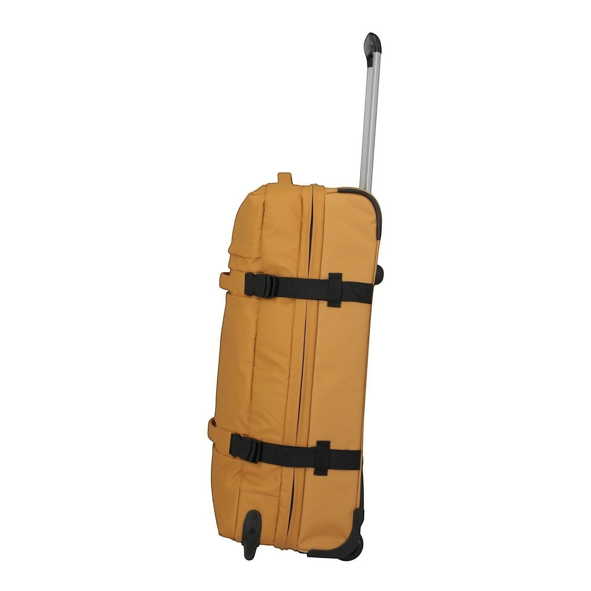Lieblingstasche BOLONIA L mustard yellow rolling travel bag with black straps and telescopic handle.