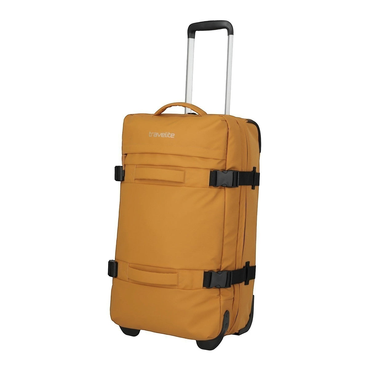 Lieblingstasche BOLONIA M rolling travel bag in mustard yellow fabric with black buckle straps and telescopic handle.
