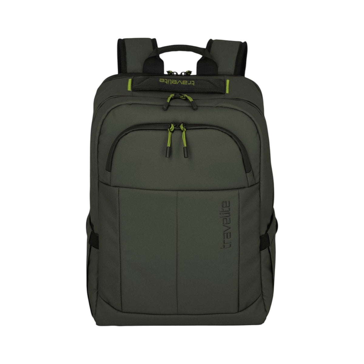 Lieblingstasche Briize Backpack M in dark green, durable polyester, with multiple compartments and lime green zipper accents.