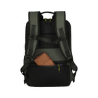 Lieblingstasche Briize Backpack M in dark green with padded straps and a brown wallet in the front pocket.
