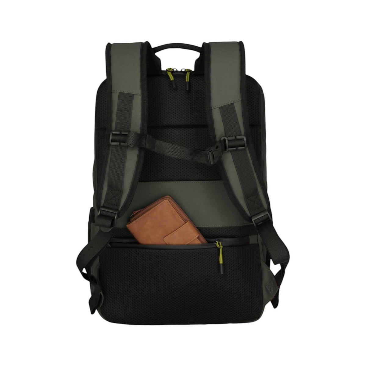 Lieblingstasche Briize Backpack M in dark green with padded straps and a brown wallet in the front pocket.