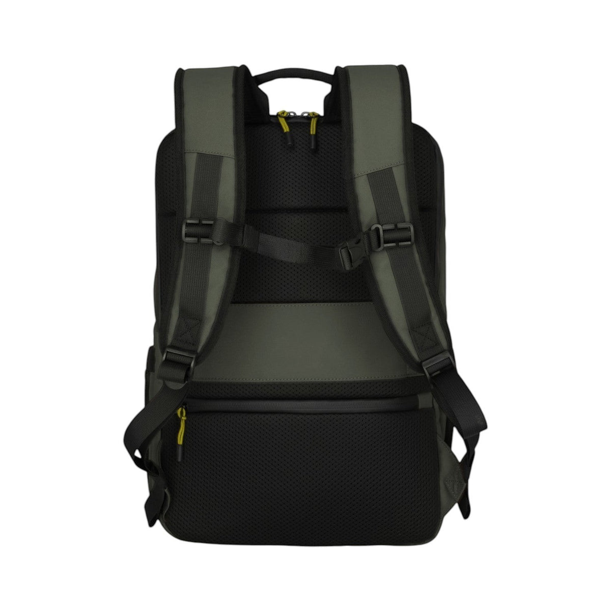 Lieblingstasche Briize Backpack M in dark green and black with padded straps and mesh back panel.