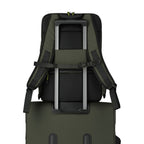 Lieblingstasche Briize Backpack M in olive green with padded straps and a trolley sleeve for travel.