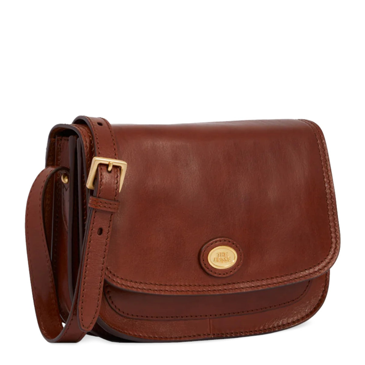 Lieblingstasche brown leather crossbody bag with multiple compartments and gold buckle detail.