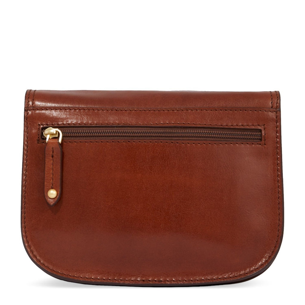 Lieblingstasche brown leather crossbody bag with multiple compartments and a zip pocket on the back.
