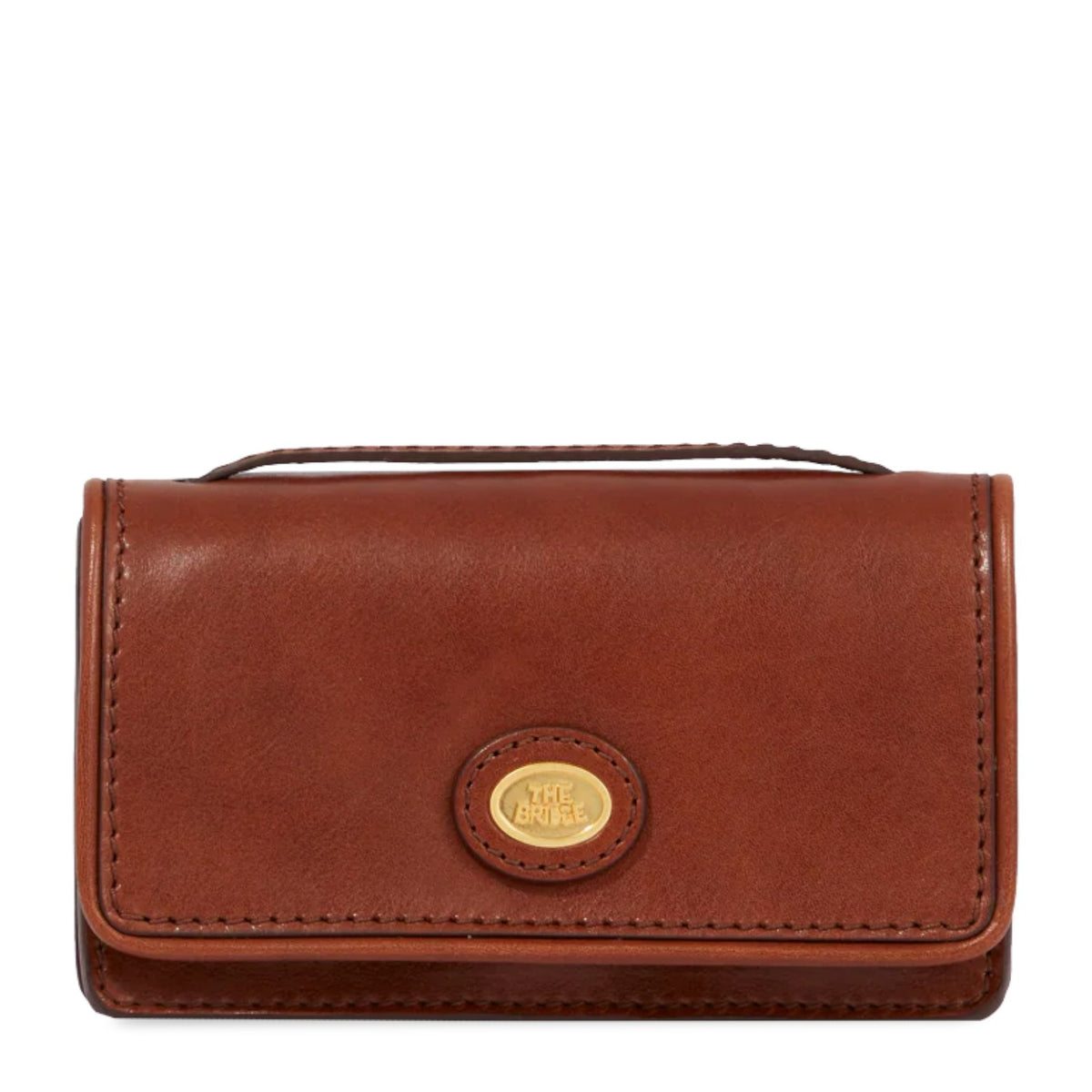 Lieblingstasche brown leather mini crossbody bag with gold oval logo detail and top handle.