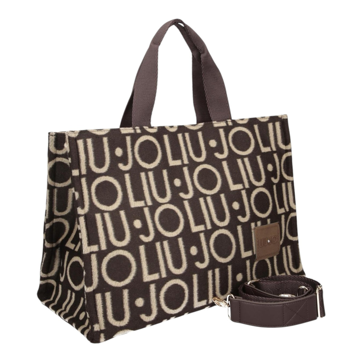 Lieblingstasche large brown tote bag with allover logo print, fabric handles, and detachable shoulder strap