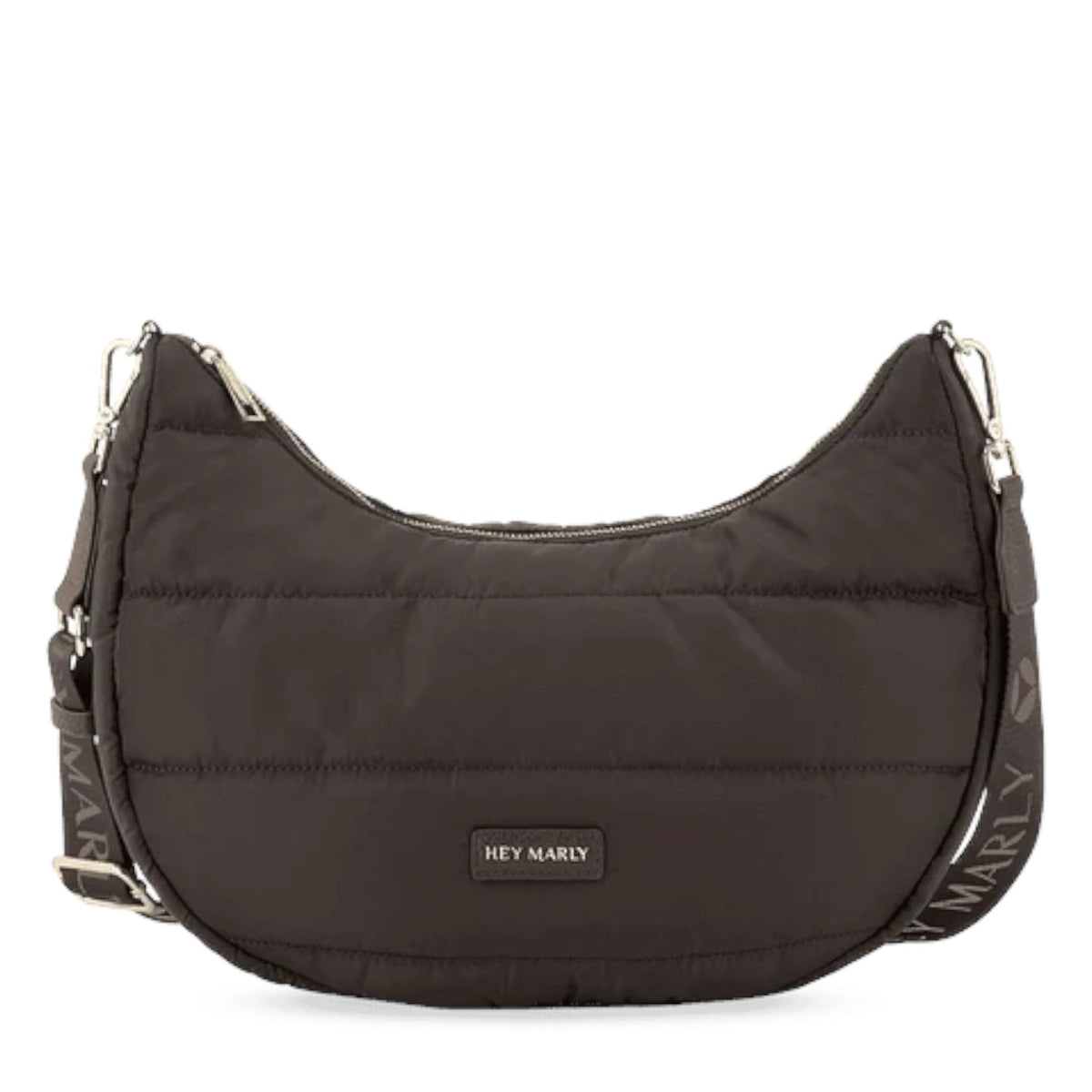 Lieblingstasche Lifetime Buddy M dark brown quilted nylon hobo bag with branded shoulder strap and silver hardware