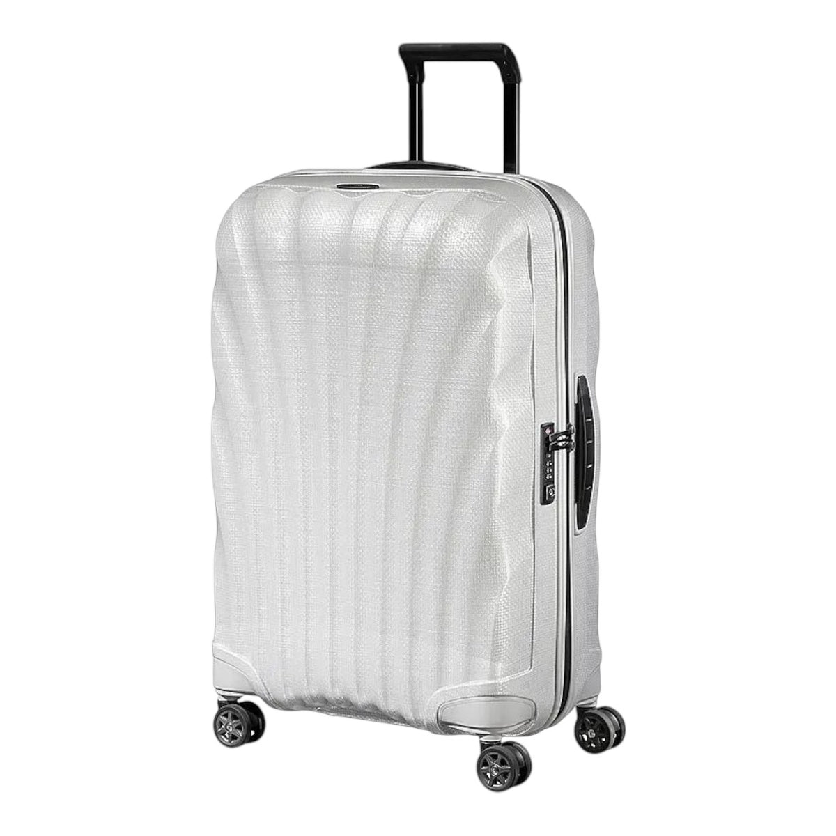 Lieblingstasche C-Lite Spinner 69/25 suitcase in white with a ribbed hard shell, telescopic handle, and four wheels.