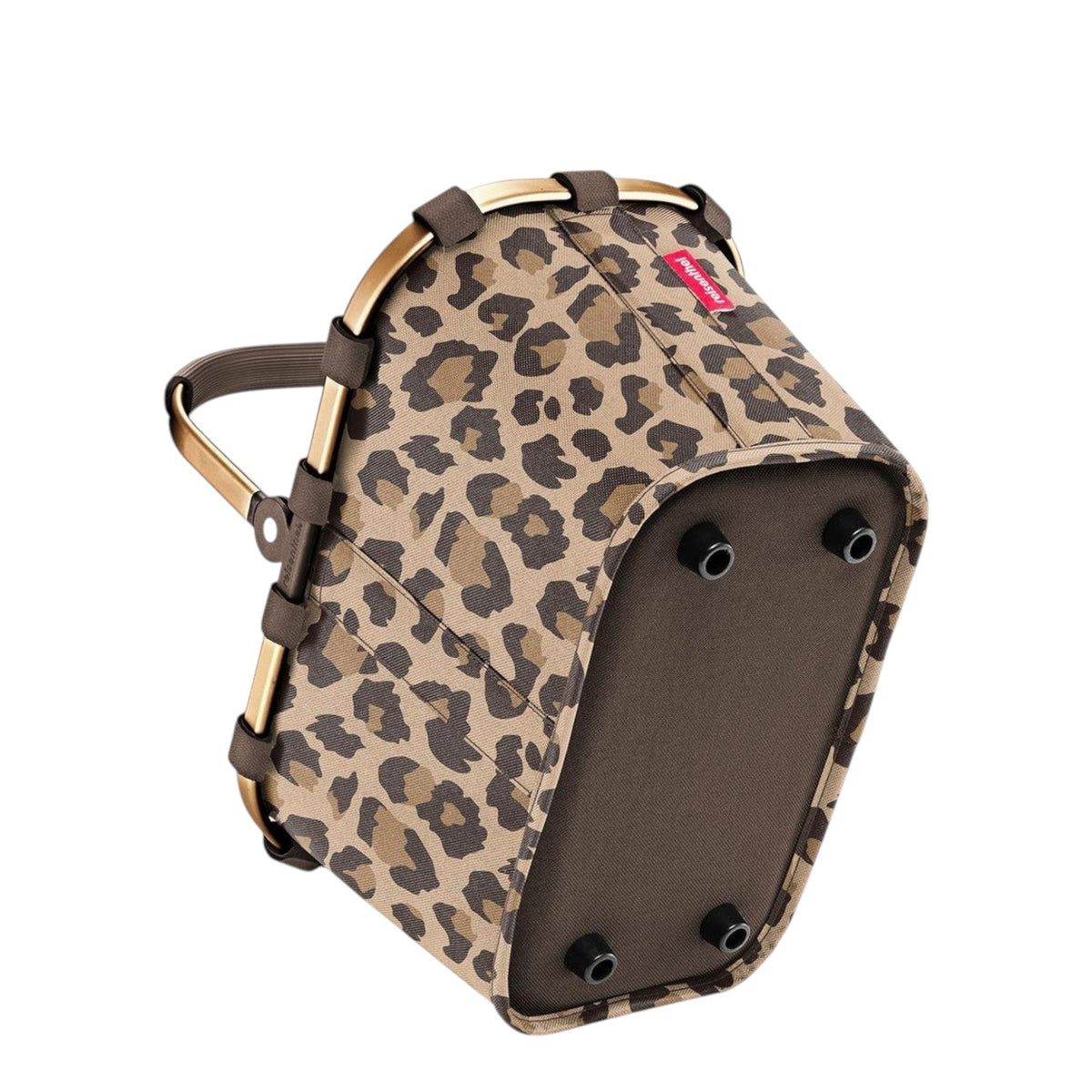 Lieblingstasche Carrybag XS shopping basket in a brown leopard print pattern with a gold-tone frame and base feet.
