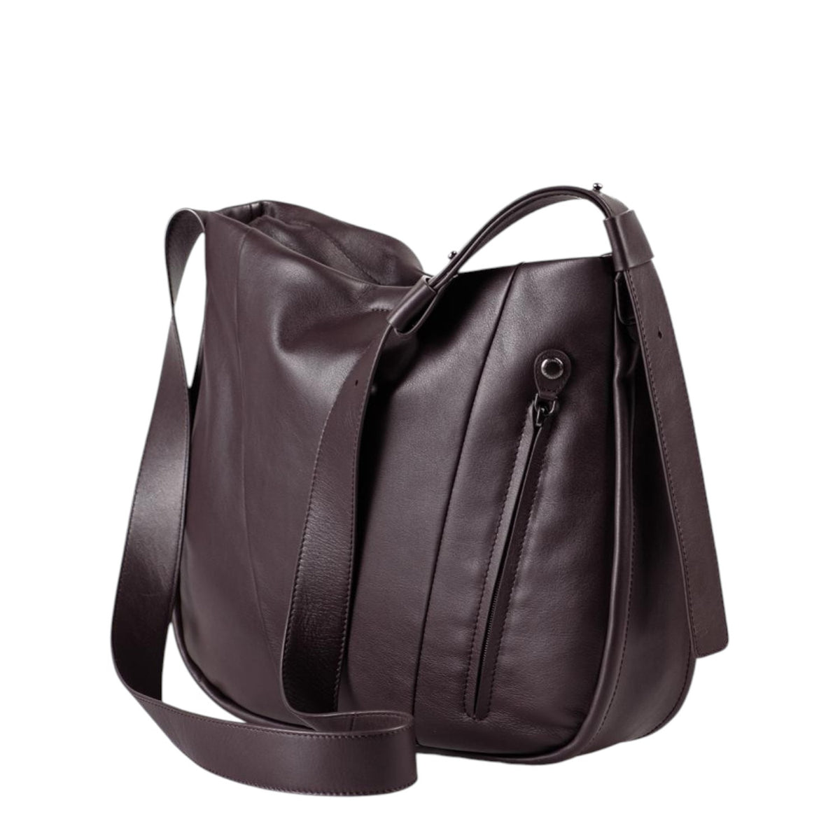 Lieblingstasche Coral dark brown leather hobo bag with a vertical zippered side pocket and adjustable shoulder strap.