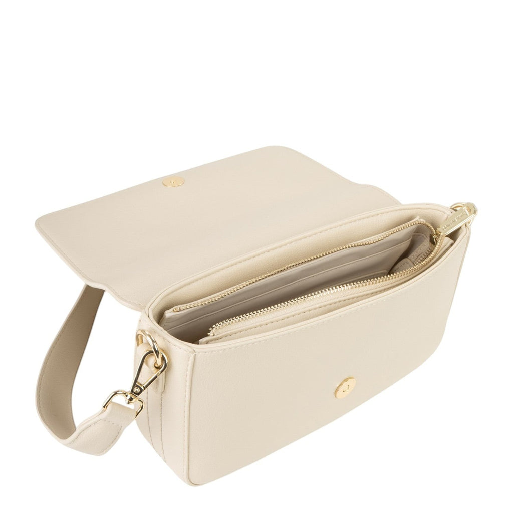 Lieblingstasche Aury Re flap bag in cream faux leather with gold hardware and multiple compartments.