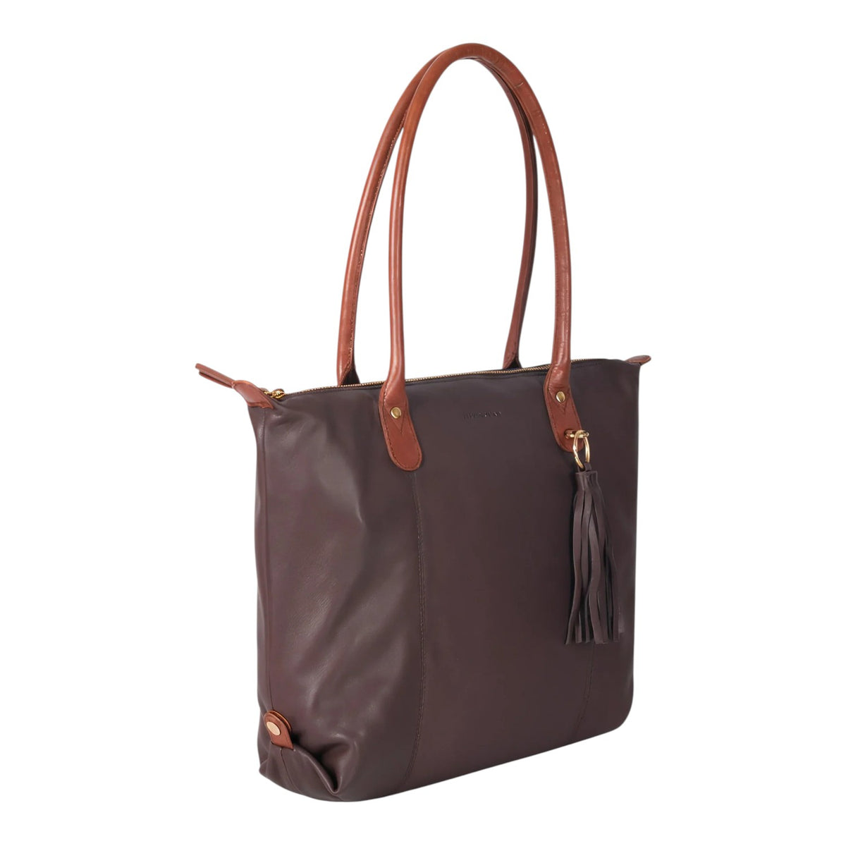 Lieblingstasche Lucia L dark brown leather tote bag with tan leather straps and tassel detail.