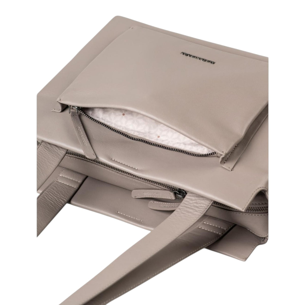 Lieblingstasche Dawn taupe leather handbag with a front zippered pocket and patterned interior lining