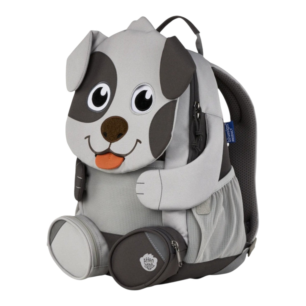 Lieblingstasche grey and dark grey dog-shaped backpack with embroidered eyes and orange tongue detail.